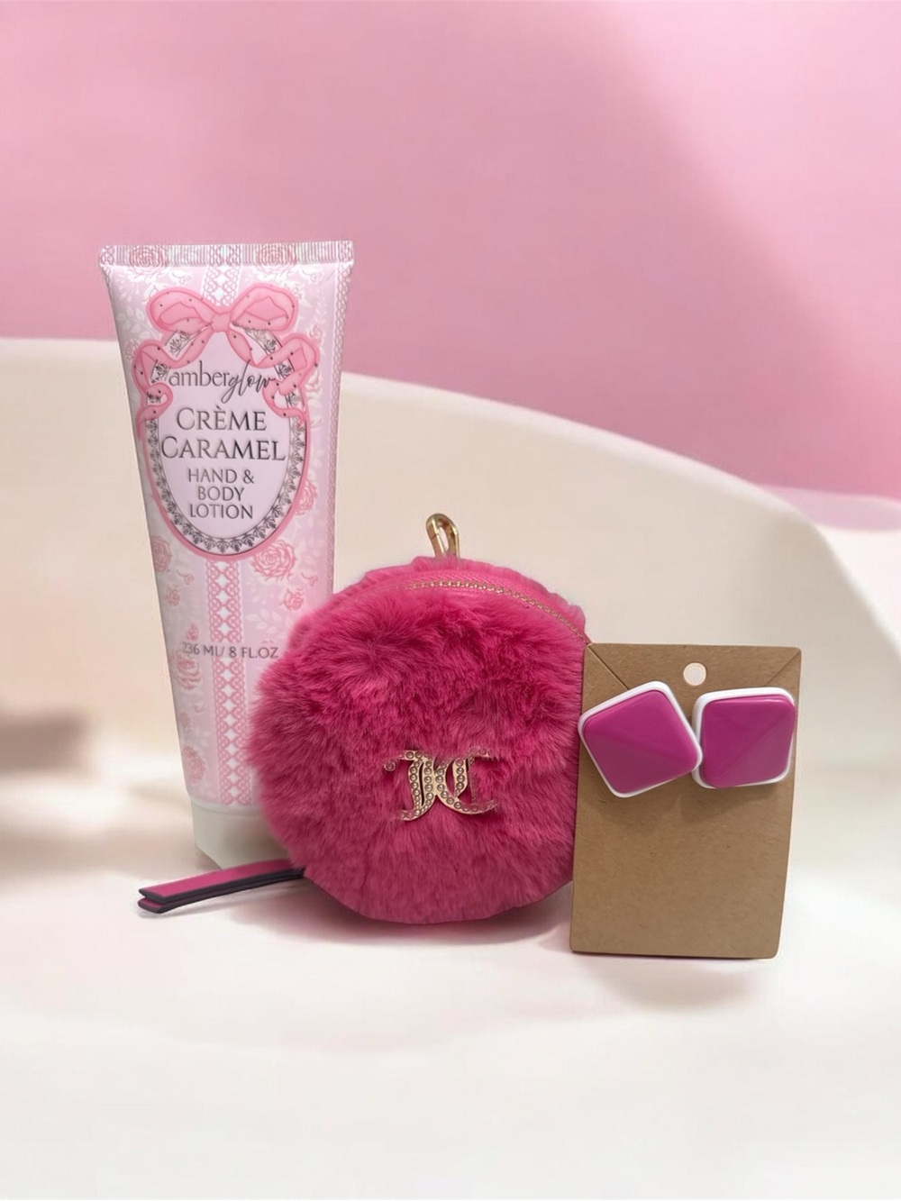 Crème Caramel Hand & Body Lotion + Juicy Couture Fuzzy Coin Pouch & Earrings